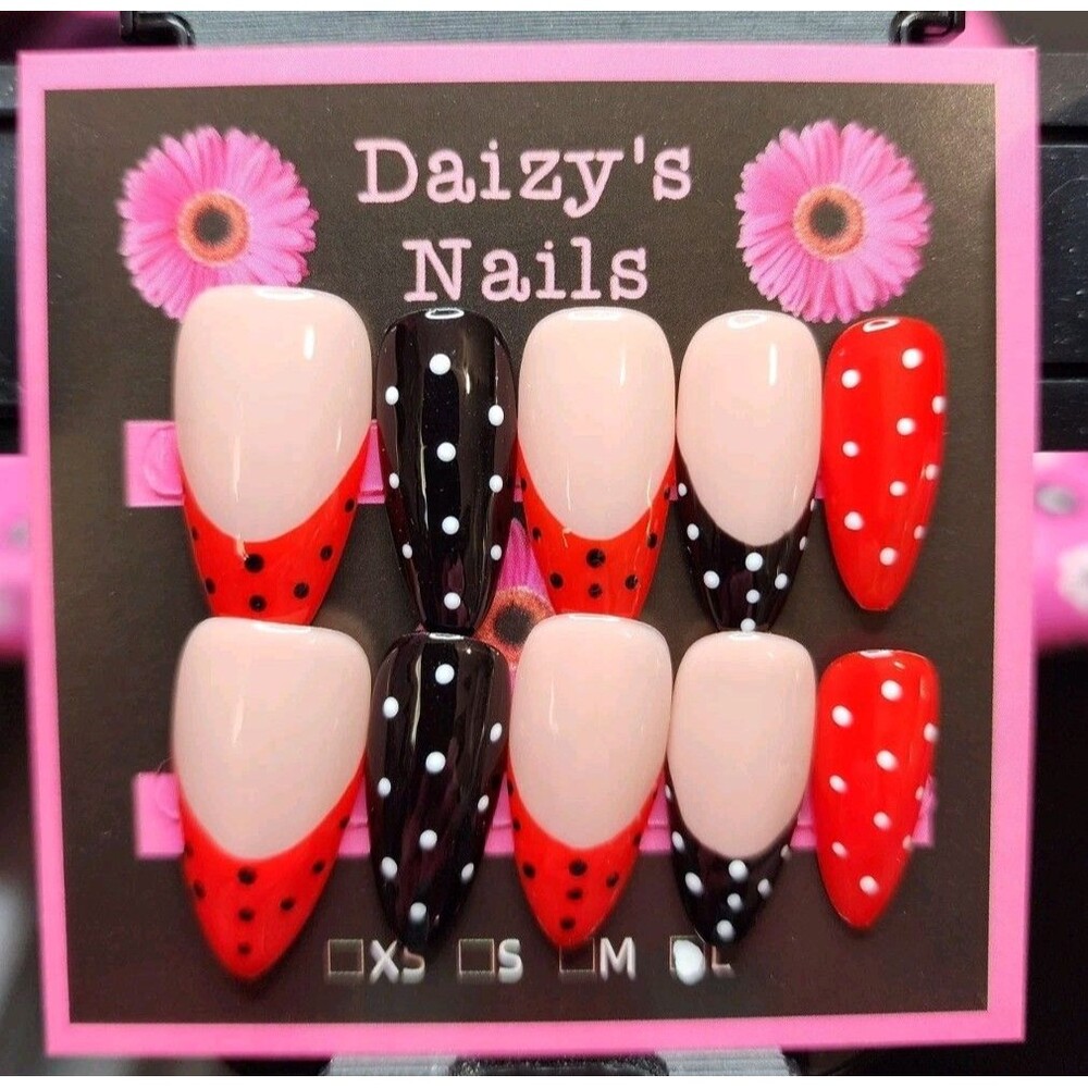 Large Size Press-on Nail 10Pc Set Handmade Almond Red Polka Dots 2.5 Cm Length